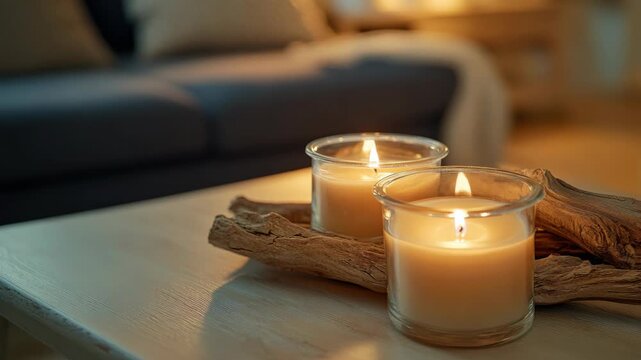 Lit candles in glass jars on rustic wood in a cozy interior