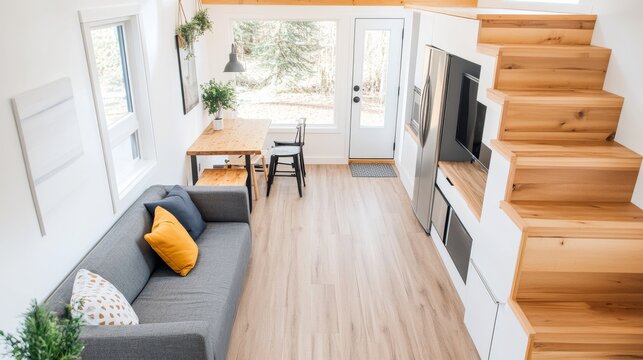 Wooden Laminate Floor Tiny House Living Area Wooden Lamina, digital innovation, artificial intelligence and connected business technology