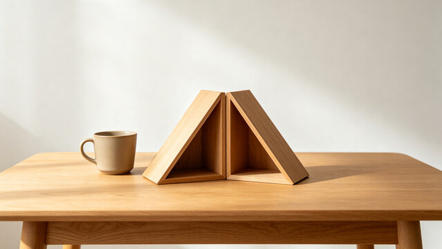 Two identical triangular bookends in row on oak desk with ceramic cup, minimalist desk organization concept