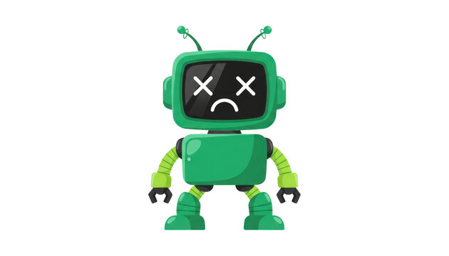 Cute green robot character illustration, friendly android mascot with broken face screen, sci-fi toy bot design for games isolated PNG with Transparent Background