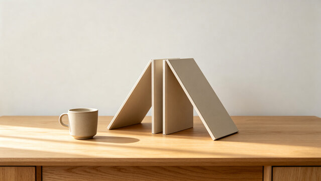 Two identical triangular bookends in row on oak desk with ceramic cup, minimalist desk organization concept