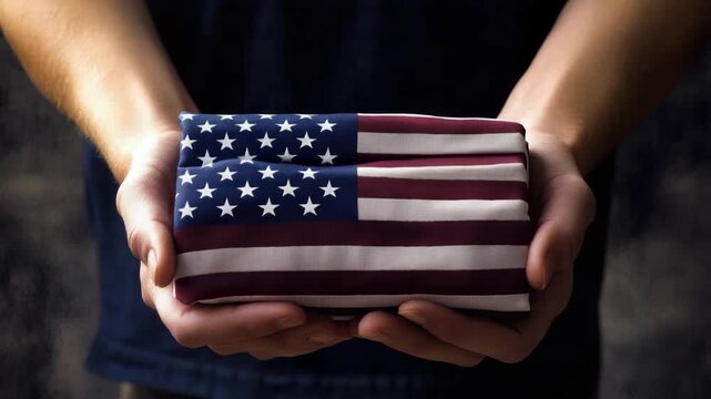 Hands Holding a Folded American Flag in a Sign of Respect