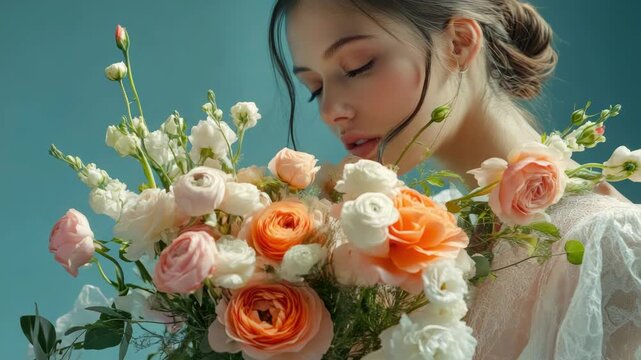 Ethereal Portrait of a Woman with a Large Bouquet of Peach and White Roses