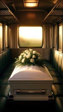 A serene interior of a vehicle featuring a casket adorned with white roses against a soft-lit backdrop