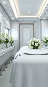 A serene interior space with a white table draped in a clean cloth adorned with flowers