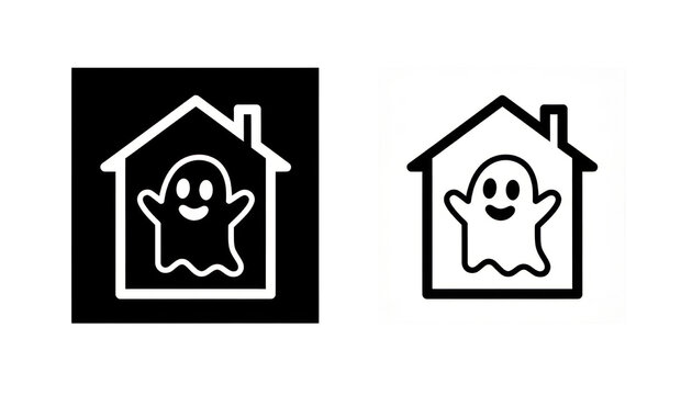 Minimal ghost house icon set, spooky home outline symbols in black and white, Halloween vector illustration for UI apps PNG