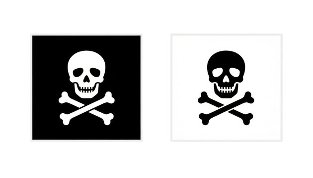 Minimal skull and crossbones hazard icon set, black and white pirate symbol illustration, danger warning pictogram PNG
