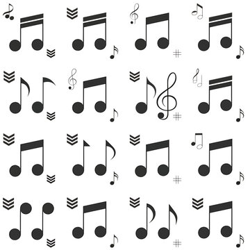 Black and white musical note symbols with treble clefs and rests.