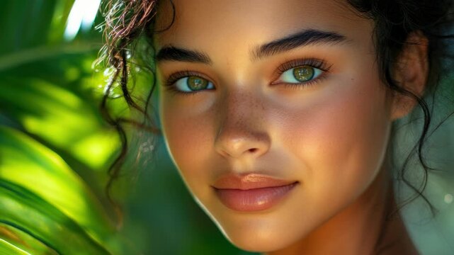 Close-up portrait of a woman with curly hair and freckles