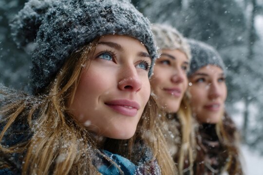 Women friends looking up in snowy winter forest