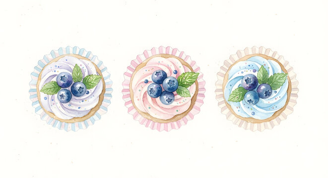 Watercolor blueberry cupcakes with pastel liners and mint leaves