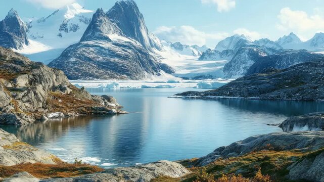 Glacial Lake with Icebergs and Snow-Capped Mountains
