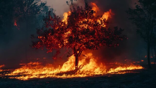 Wildfire Engulfing a Tree in a Smoky Forest