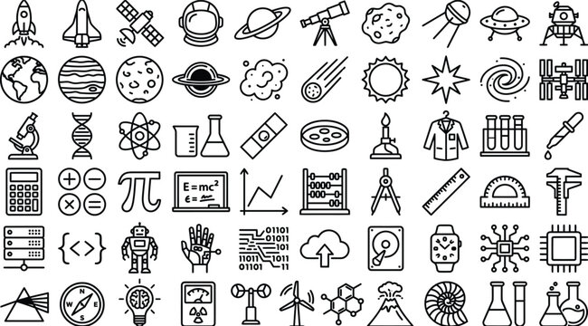 STEM science technology engineering and math icon set, laboratory space physics line art symbols isolated on white background