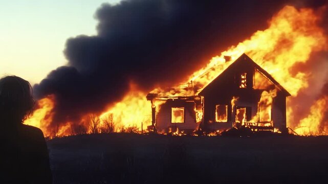 Silhouette of a person watching a house engulfed in fire and smoke