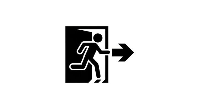 Black silhouette of a person running towards an exit sign with an arrow.
