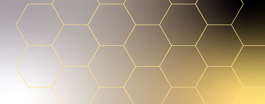 Abstract golden honeycomb outline grid background with gradient hexagons geometric vector banner design