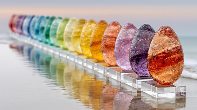 Colorful decorative glass eggs aligned in a row reflecting on water surface