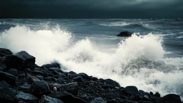 Powerful Ocean Waves Crashing on a Dark Rocky Shore