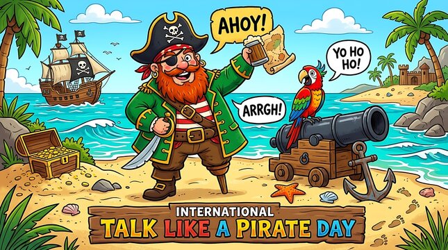 Cartoon pirate captain with a parrot and treasure chest on a tropical sandy beach for talk like a pirate day