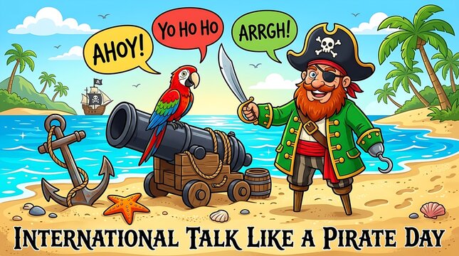 Cartoon pirate captain with parrot and cannon on a tropical beach for international talk like a pirate day event