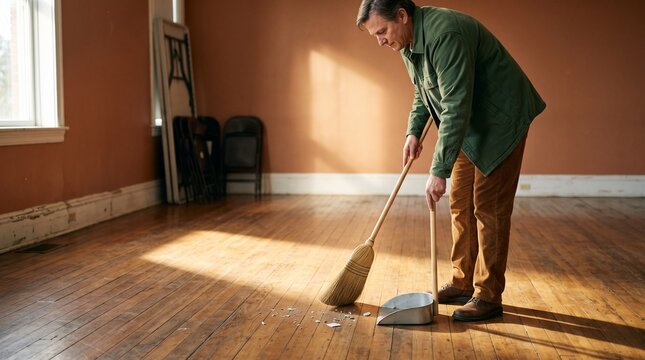 Volunteer sweeps a refreshed community room floor