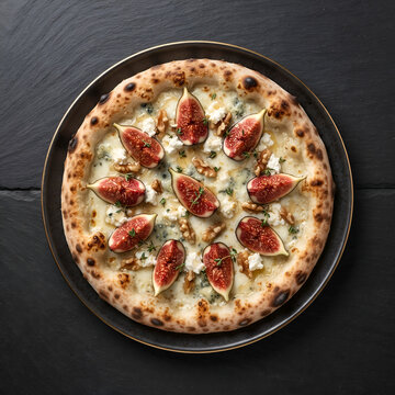 Sophisticated white pizza topped with fresh fig wedges, walnuts, blue cheese, and herbs, combining sweet and savory flavors on a rustic artisan crust.