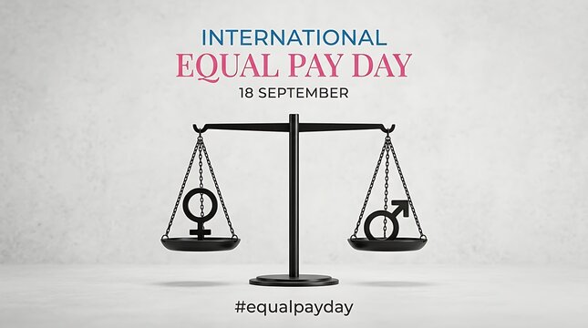 International equal pay day concept with male and female gender symbols on a balancing justice scale graphic