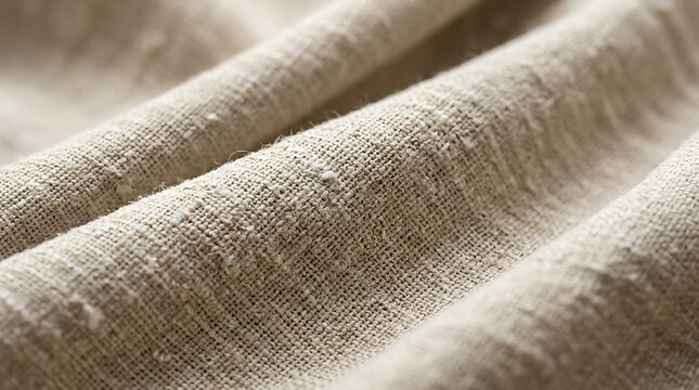 Macro shot of beige linen fabric texture with soft folds and natural woven material pattern.