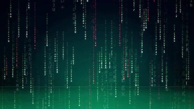 Digital rain of falling green and red binary code on a dark technological background