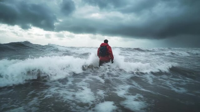 Adventurer in a red jacket walking into ocean waves on a stormy beach