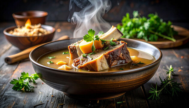 Beef bone soup with rich marrow broth and rising steam in dark Michelin-style fine dining photography
