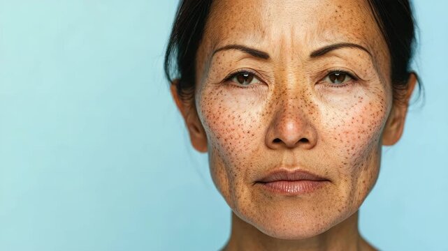 Close-up Portrait of an Elderly East Asian Woman with Freckles and Wrinkles