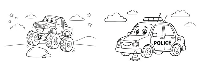 A simple hand drawn coloring page featuring a police car and a small vehicle for children to color © MstJoma