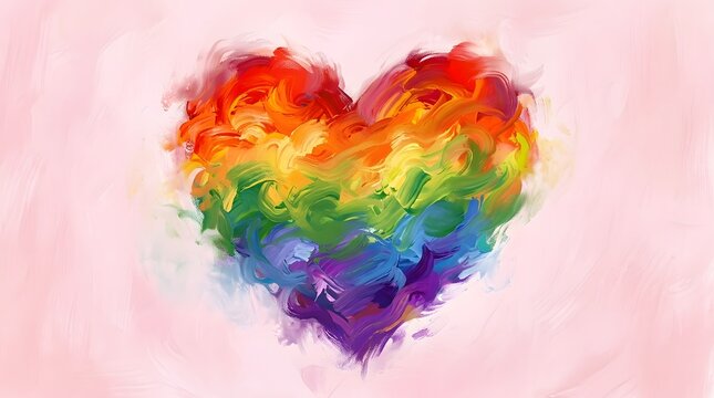 Colorful watercolor heart painting with vibrant rainbow hues on a soft pink background