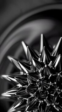 Black Magnetic Fluid Spikes. Macro view of glossy ferrofluid forming sharp reflective peaks with rotating motion.