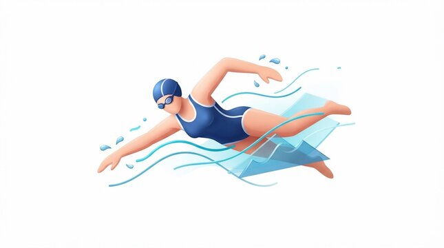 3D vector graphic of a female athlete swimming freestyle in blue water with a swim cap and goggles