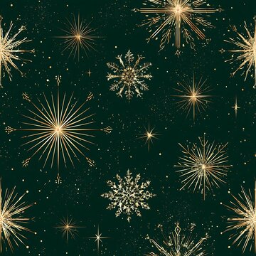 Luxury Christmas seamless pattern with golden snowflakes and stars on dark green background