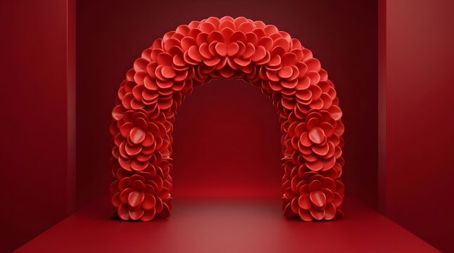 Dramatic red archway constructed from textured blocks in a dark room setting