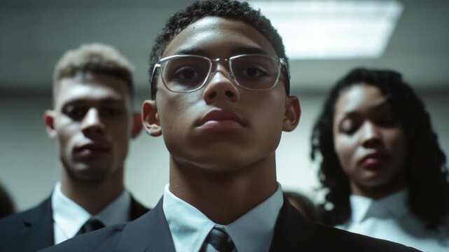 Portrait of a confident young man in a suit and glasses in a professional setting