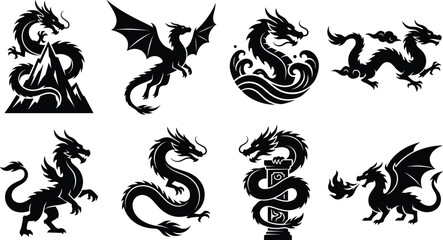 Obraz premium Dragon Silhouette Vector Set Featuring Asian Eastern Dragons and Western Flying Fire Breathing Mythical Creatures