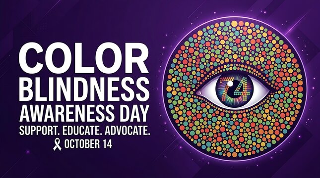 Color blindness awareness day poster with human eye graphic made of colorful dots against a dark purple background