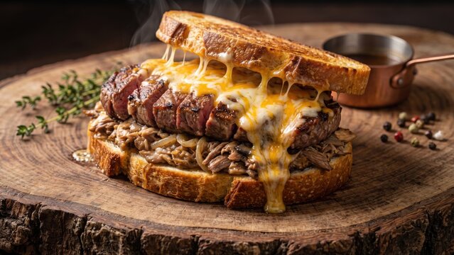 Meatball cheese sandwich with melted filling on rustic board