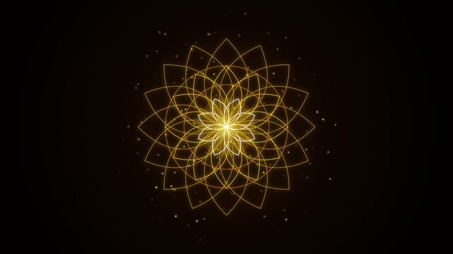 Radiant golden glowing mandala animation featuring intricate sacred geometry patterns spinning against a deep black background for spiritual motion footage