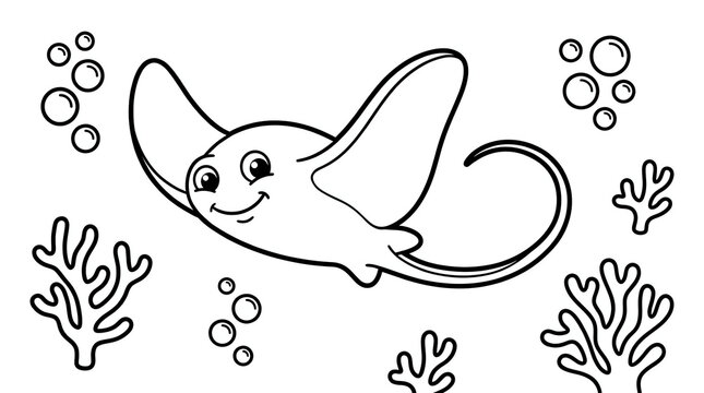 Cute cartoon stingray swimming among bubbles and coral in a black and white illustration.