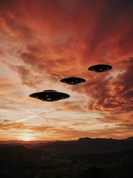 Close up of three ufos flying in formation over mountains at sunset silhouetted against red and orange clouds