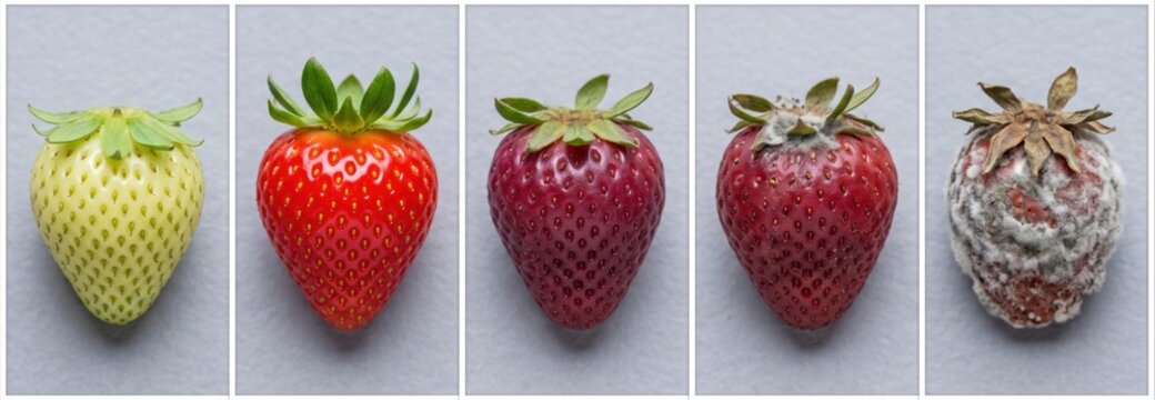Strawberries shown from unripe to ripe and decayed stages