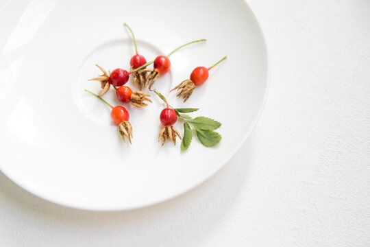 Fresh Rose Hips on a White Plate