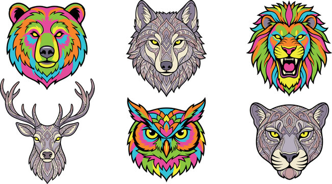 Psychedelic wild animal portraits set featuring vibrant colorful bear lion owl wolf deer and panther vector art