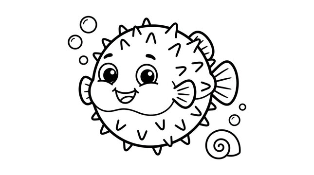 Cute cartoon puffer fish with bubbles in a black and white line drawing style.